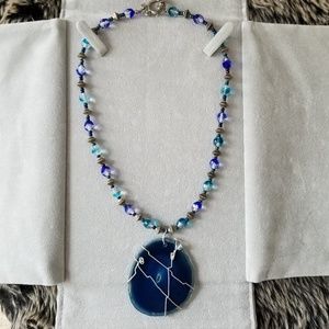 Handmade Wire Wrapped Blue Glass Beaded Necklace
